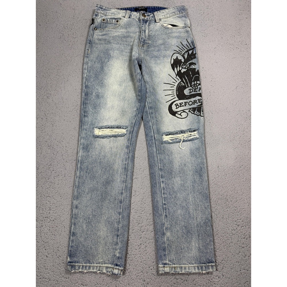Ed Hardy Jeans Mens 30x30 Light Wash Blue Regular Straight Tattoo Graphic Denim